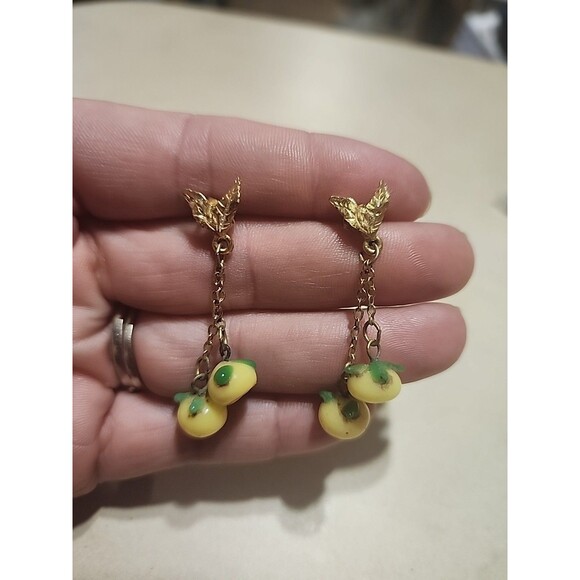 Vintage Glass Lemon Earrings Dangling Pierced Fruit Jewelry Retro - Picture 1 of 6
